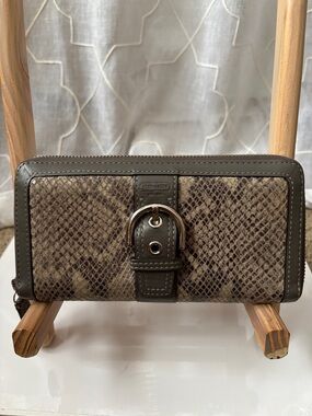Coach Grey/Taupe Snake-Print Zip Wallet with Buckle Accent